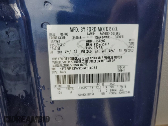 2008 Ford F-150 XL with VIN 1FTRF12W28KE94083, listed as a Copart auction lot 44202045 with 154,396 mi miles and Salvage title. Bid and sale history available at DreamBid. Image 12.