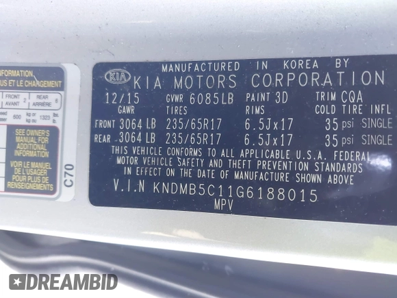 2016 Kia Sedona LX with VIN KNDMB5C11G6188015, listed as a IAAI auction lot 41580251 with 87,888 mi miles. Bid and sale history available at carsss.com. Image 9.