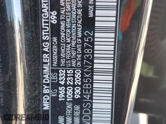 2019 Mercedes-Benz CLA 250 with VIN WDDSJ4EB5KN738752, listed as a Copart auction lot 53872835 with 97,797 mi miles and Salvage Title. Bid and sale history available at DreamBid. Image 13.