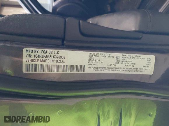 2020 Jeep Grand Cherokee Altitude with VIN 1C4RJFAG3LC376956, listed as a IAAI auction lot 42546635 with 86,779 mi miles and . Bid and sale history available at DreamBid. Image 9.
