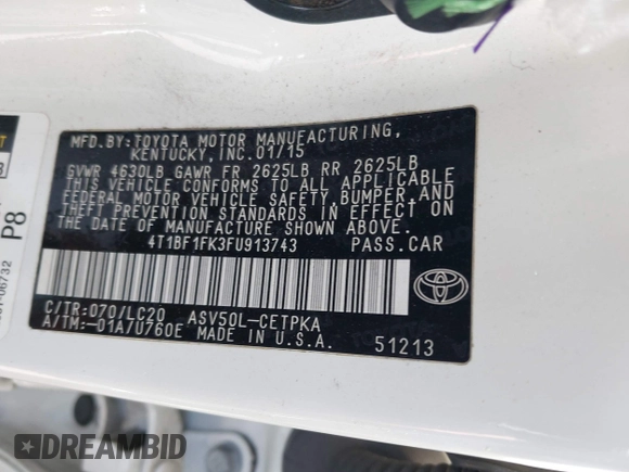 2015 Toyota Camry XLE with VIN 4T1BF1FK3FU913743, listed as a IAAI auction lot 42066972 with 136,917 mi miles and . Bid and sale history available at DreamBid. Image 9.