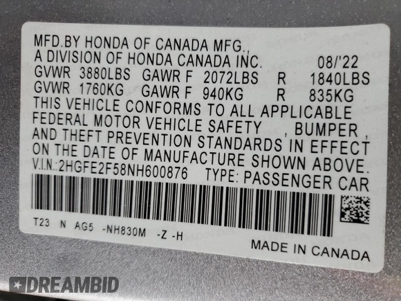 2022 Honda Civic Sport with VIN 2HGFE2F58NH600876, listed as a Copart auction lot 46548615 with 73,806 mi miles and Salvage Title. Bid and sale history available at carsss.com. Image 14.