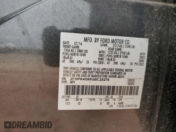 2016 Ford Edge SE with VIN 2FMPK4G95GBC25278, listed as a Copart auction lot 54697665 with 97,465 mi miles and Salvage title. Bid and sale history available at DreamBid. Image 13.