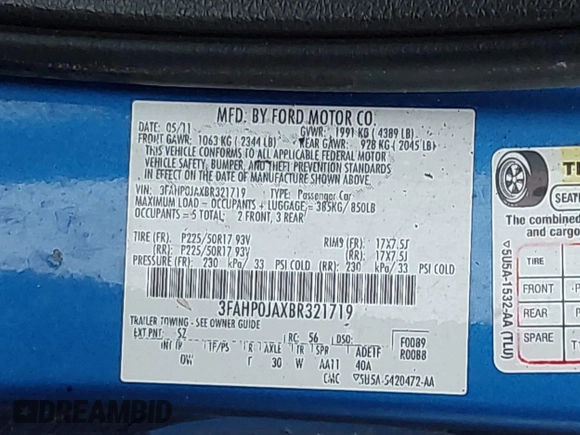 2011 Ford Fusion SEL with VIN 3FAHP0JAXBR321719, listed as a IAAI auction lot 41929293 with 167,040 mi miles. Bid and sale history available at carsss.com. Image 9.