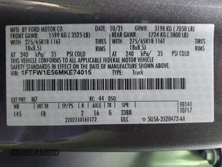 2021 Ford F-150 XL with VIN 1FTFW1E56MKE74015, listed as a IAAI auction lot 42172934 with 27,186 mi miles and . Bid and sale history available at DreamBid. Image 9.