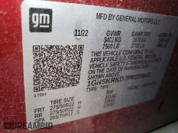 2023 Chevrolet Tahoe RST with VIN 1GNSKRKD7PR220840, listed as a Copart auction lot 86608654 with 44,628 mi miles and Salvage title. Bid and sale history available at DreamBid. Image 14.