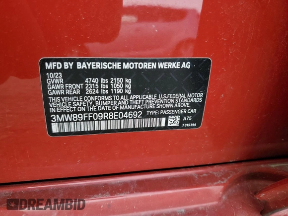 2024 BMW 3 Series 330i xDrive with VIN 3MW89FF09R8E04692, listed as a Copart auction lot 54345295 with 20,920 mi miles and Salvage title. Bid and sale history available at DreamBid. Image 12.