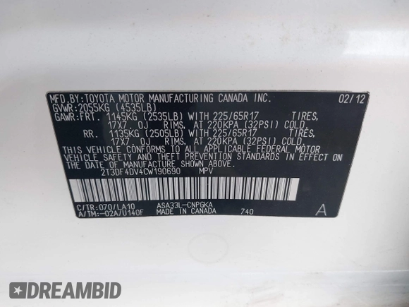 2012 Toyota RAV4 Limited с VIN 2T3DF4DV4CW190690, выставлен на аукционе IAAI как лот 42518459 с пробегом 81 390 миль миль и . История ставок и продаж доступна на DreamBid. Изображение 9.