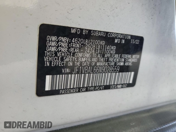 2022 Subaru WRX Limited with VIN JF1VBAL66N9028559, listed as a Copart auction lot 47025075 with 18,095 mi miles and Salvage title. Bid and sale history available at DreamBid. Image 12.
