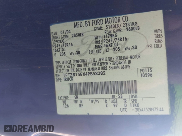 2004 Ford Ranger XL Fleet with VIN 1FTZR15EX4PB58382, listed as a IAAI auction lot 42581850 with 137,105 mi miles and . Bid and sale history available at DreamBid. Image 9.
