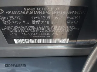 2012 Hyundai Sonata Limited with VIN 5NPEC4AC9CH461296, listed as a IAAI auction lot 42015023 with 192,145 mi miles and . Bid and sale history available at DreamBid. Image 9.