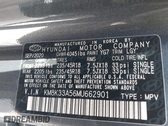 2021 Hyundai Kona Limited with VIN KM8K33A56MU662901, listed as a IAAI auction lot 41553810 with 35,304 mi miles. Bid and sale history available at carsss.com. Image 9.