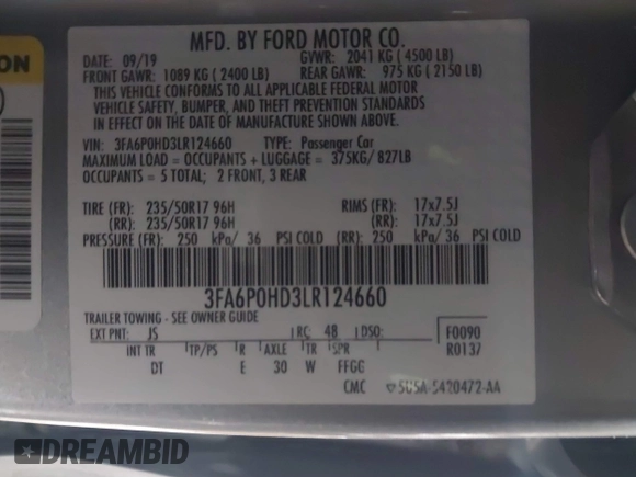 2020 Ford Fusion SE with VIN 3FA6P0HD3LR124660, listed as a IAAI auction lot 41598509 with 108,008 mi miles and . Bid and sale history available at DreamBid. Image 9.