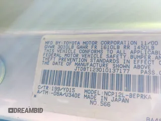 2001 Toyota ECHO with VIN JTDBT123010137177, listed as a IAAI auction lot 42114810 with 280,900 mi miles and . Bid and sale history available at DreamBid. Image 9.