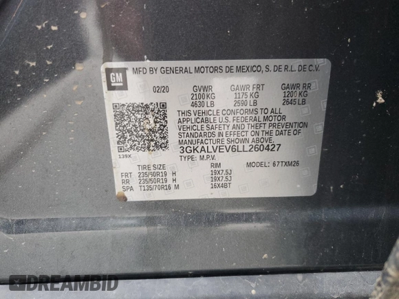 2020 GMC Terrain SLT with VIN 3GKALVEV6LL260427, listed as a Copart auction lot 56290705 with 60,390 mi miles and Salvage title. Bid and sale history available at DreamBid. Image 14.