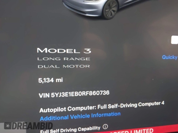 2024 Tesla Model 3 Long Range with VIN 5YJ3E1EB0RF860736, listed as a IAAI auction lot 41966827 with 5,134 mi miles and . Bid and sale history available at DreamBid. Image 16.