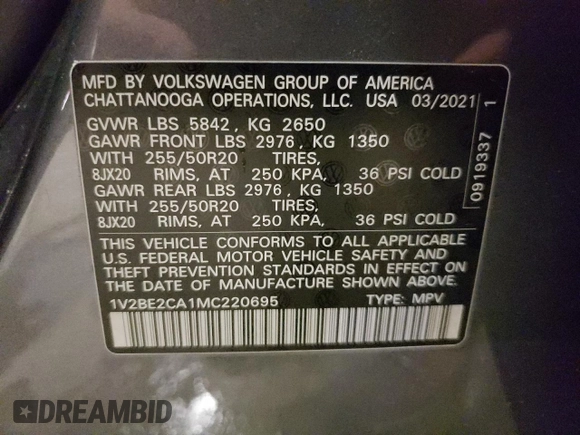 2021 Volkswagen Atlas SEL with VIN 1V2BE2CA1MC220695, listed as a Copart auction lot 55622425 with 48,636 mi miles and Salvage title. Bid and sale history available at DreamBid. Image 13.