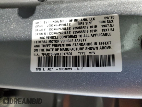 2020 Honda CR-V Touring with VIN 7FART6H90LE017590, listed as a Copart auction lot 59864415 with 70,182 mi miles and Clean title. Bid and sale history available at DreamBid. Image 13.