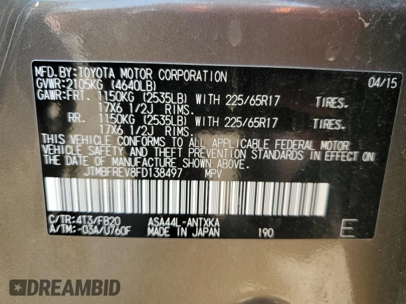 2015 Toyota RAV4 LE z VIN JTMBFREV8FD138497, wystawiony jako Copart lot #60345825 z przebiegiem 62 188 mil mil oraz Szkoda całkowita • Salvage title. Historia ofert i sprzedaży dostępna na DreamBid. Obrazek 12.