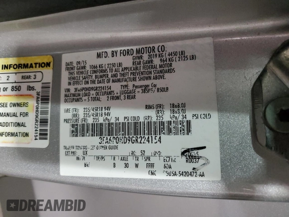 2016 Ford Fusion SE with VIN 3FA6P0HD9GR224154, listed as a Copart auction lot 48582135 with 164,674 mi miles and Salvage Title. Bid and sale history available at carsss.com. Image 12.