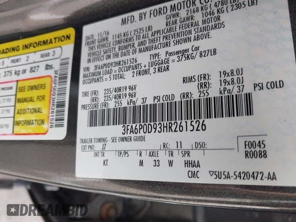 2017 Ford Fusion Titanium with VIN 3FA6P0D93HR261526, listed as a IAAI auction lot 42277350 with 117,388 mi miles and . Bid and sale history available at DreamBid. Image 9.