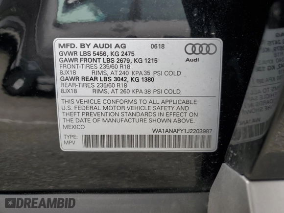 2018 Audi Q5 Premium with VIN WA1ANAFY1J2203987, listed as a Copart auction lot 50774035 with 57,424 mi miles and Salvage Title. Bid and sale history available at carsss.com. Image 13.