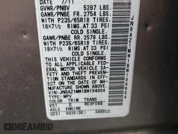 2011 Nissan Murano S with VIN JN8AZ1MW1BW184884, listed as a Copart auction lot 54466325 with 137,565 mi miles and Salvage Title. Bid and sale history available at DreamBid. Image 13.