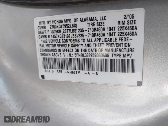 2005 Honda Odyssey TOURING with VIN 5FNRL38895B060605, listed as a IAAI auction lot 41809330 with 228,487 mi miles. Bid and sale history available at carsss.com. Image 9.