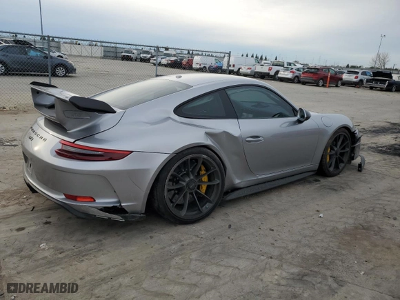 2018 Porsche 911 GT3 with VIN WP0AC2A93JS174462, listed as a Copart auction lot 44858525 with 14,200 mi miles and Salvage Title. Bid and sale history available at carsss.com. Image 3.
