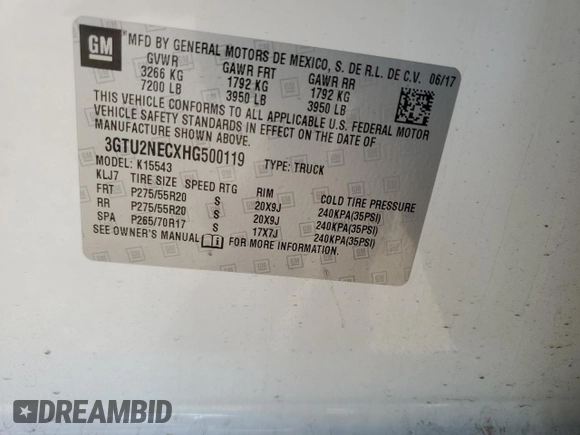2017 GMC Sierra 1500 SLT z VIN 3GTU2NECXHG500119, wystawiony jako Copart lot #56707675 z przebiegiem 69 537 mil mil oraz Szkoda całkowita • Salvage title. Historia ofert i sprzedaży dostępna na DreamBid. Obrazek 12.