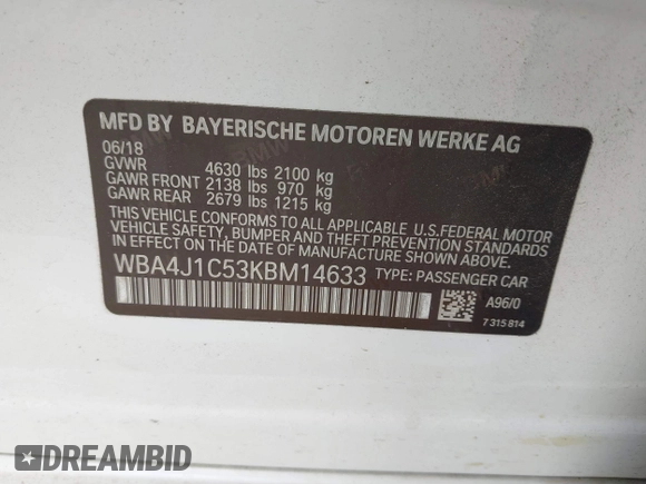 2019 BMW 4 Series 430i with VIN WBA4J1C53KBM14633, listed as a IAAI auction lot 42274320 with 70,460 mi miles and . Bid and sale history available at DreamBid. Image 9.