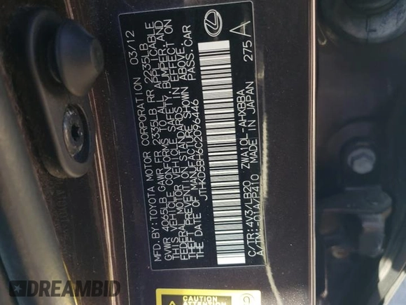 2012 Lexus CT 200h with VIN JTHKD5BH6C2096446, listed as a Copart auction lot 55121715 with 184,473 mi miles and Clean Title. Bid and sale history available at carsss.com. Image 12.