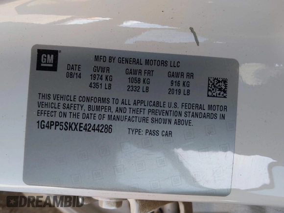 2014 Buick Verano with VIN 1G4PP5SKXE4244286, listed as a IAAI auction lot 42072085 with 107,867 mi miles and . Bid and sale history available at DreamBid. Image 9.