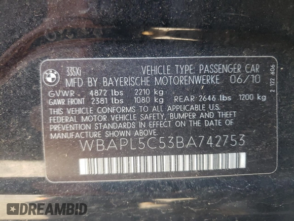 2011 BMW 3 Series 335i xDrive with VIN WBAPL5C53BA742753, listed as a Copart auction lot 61596655 with Not provided miles and Salvage title. Bid and sale history available at DreamBid. Image 12.