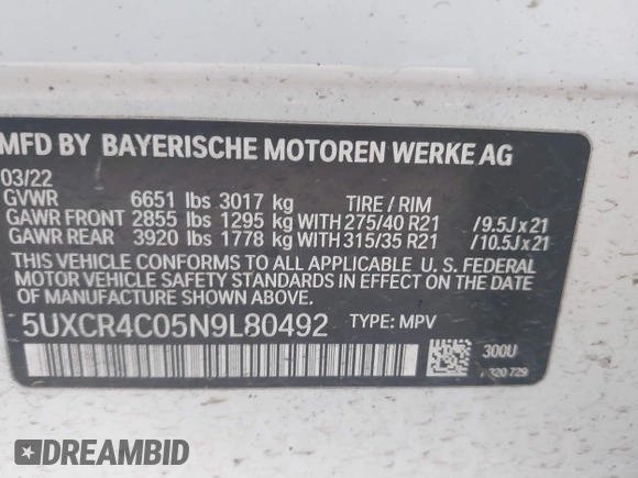 2022 BMW X5 sDrive40i with VIN 5UXCR4C05N9L80492, listed as a IAAI auction lot 41353938 with 58,468 mi miles. Bid and sale history available at carsss.com. Image 9.