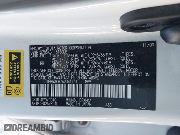 2010 Toyota Highlander Hybrid with VIN JTEBW3EH7A2041461, listed as a IAAI auction lot 41404907 with 192,670 mi miles. Bid and sale history available at carsss.com. Image 9.