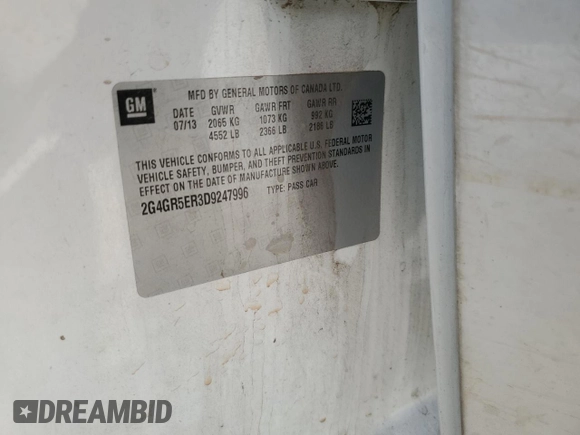 2013 Buick Regal with VIN 2G4GR5ER3D9247996, listed as a Copart auction lot 54989545 with 108,783 mi miles and Salvage title. Bid and sale history available at DreamBid. Image 12.