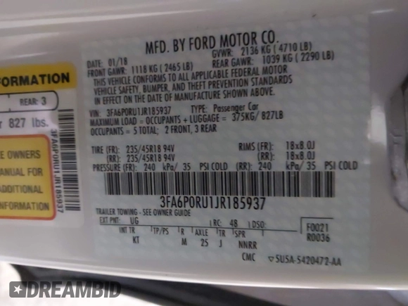 2018 Ford Fusion Titanium with VIN 3FA6P0RU1JR185937, listed as a IAAI auction lot 41863378 with 133,641 mi miles and . Bid and sale history available at DreamBid. Image 9.