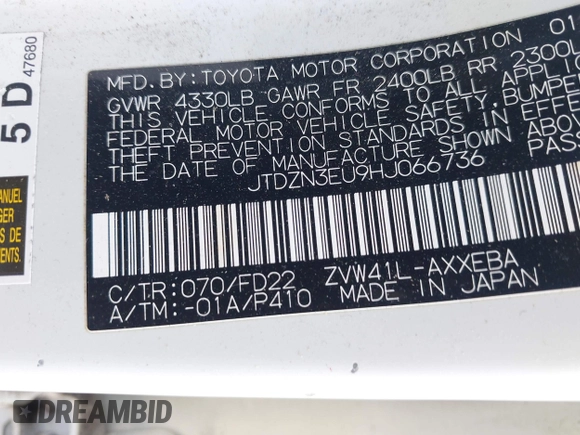 2017 Toyota Prius v Two with VIN JTDZN3EU9HJ066736, listed as a IAAI auction lot 42025100 with 89,082 mi miles. Bid and sale history available at carsss.com. Image 9.