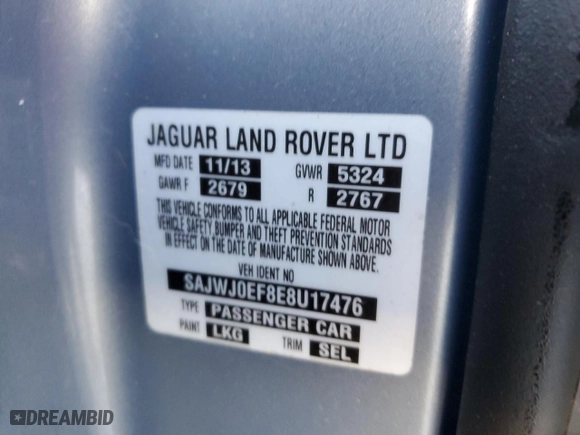 2014 Jaguar XF V6 SC with VIN SAJWJ0EF8E8U17476, listed as a Copart auction lot 79666374 with 0 mi miles and Salvage Title. Bid and sale history available at carsss.com. Image 13.