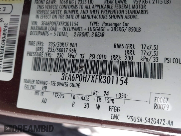 2015 Ford Fusion SE with VIN 3FA6P0H7XFR301154, listed as a IAAI auction lot 41806333 with 130,226 mi miles and . Bid and sale history available at DreamBid. Image 9.