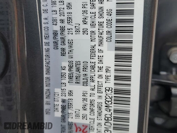 2021 Mazda CX-30 Preferred with VIN 3MVDMBCL4MM302139, listed as a Copart auction lot 59631415 with 47,457 mi miles and Salvage title. Bid and sale history available at DreamBid. Image 14.