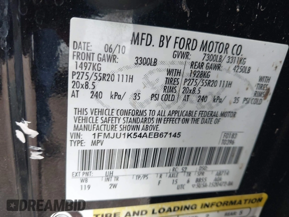 2010 Ford Expedition Limited z VIN 1FMJU1K54AEB67145, wystawiony jako IAAI lot #41859398 z przebiegiem Nie podano mil oraz . Historia ofert i sprzedaży dostępna na DreamBid. Obrazek 9.