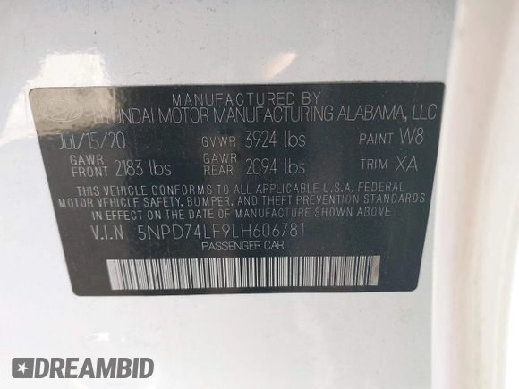 2020 Hyundai Elantra SE with VIN 5NPD74LF9LH606781, listed as a IAAI auction lot 41757029 with 12,563 mi miles. Bid and sale history available at carsss.com. Image 9.