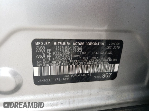 2020 Mitsubishi Outlander ES with VIN JA4AP3AU4LU021461, listed as a Copart auction lot 60863715 with 99,147 mi miles and Salvage title. Bid and sale history available at DreamBid. Image 13.