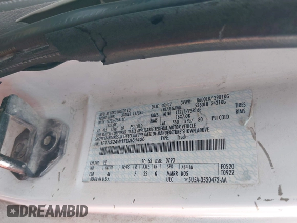 2007 Ford Econoline Cargo with VIN 1FTNS24W17DA81426, listed as a IAAI auction lot 42293734 with 338,101 mi miles and . Bid and sale history available at DreamBid. Image 9.