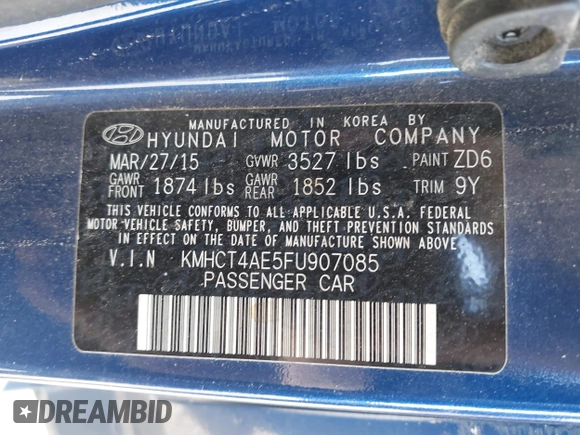 2015 Hyundai Accent GLS with VIN KMHCT4AE5FU907085, listed as a IAAI auction lot 41844688 with 156,384 mi miles. Bid and sale history available at carsss.com. Image 9.