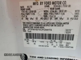 2012 Ford F-150 XL with VIN 1FTFW1EFXCFC04172, listed as a Copart auction lot 56052775 with 140,173 mi miles and Salvage title. Bid and sale history available at DreamBid. Image 12.