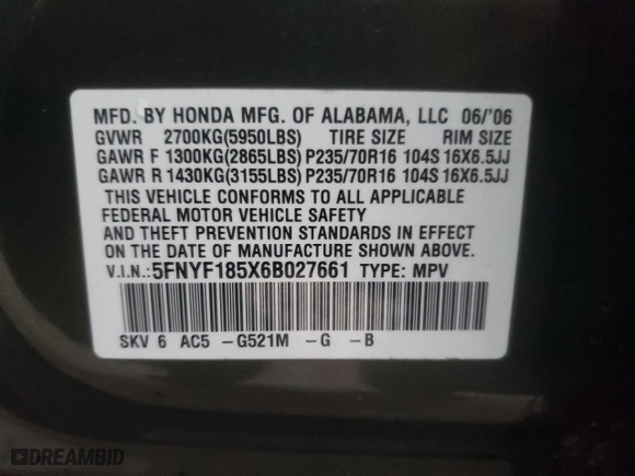 2006 Honda Pilot EX-L with VIN 5FNYF185X6B027661, listed as a Copart auction lot 85725354 with 171,748 mi miles and Salvage Title. Bid and sale history available at carsss.com. Image 16.