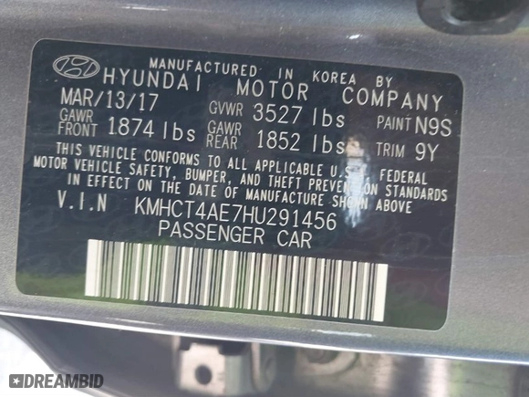 2017 Hyundai Accent SE with VIN KMHCT4AE7HU291456, listed as a IAAI auction lot 41874305 with 116,767 mi miles. Bid and sale history available at carsss.com. Image 9.